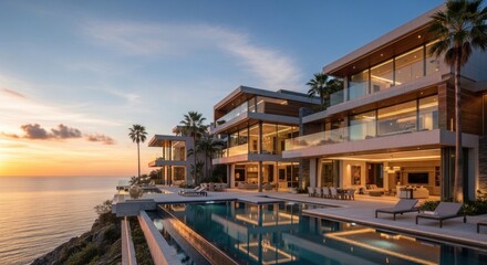 Obraz premium A luxurious, modern mansion with a stunning ocean view, featuring large glass windows, palm trees, and a infinity pool.