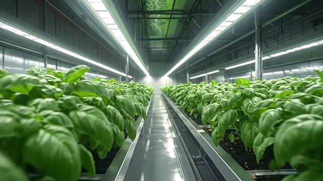 Rows of green plants grow under bright artificial lights in a modern facility