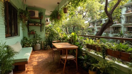 Fototapeta premium Minimalist balcony garden ideas for small Indian flats with mid-budget plan, compact plant layout, urban greenery, functional outdoor décor, and stylish space-saving design for city living.