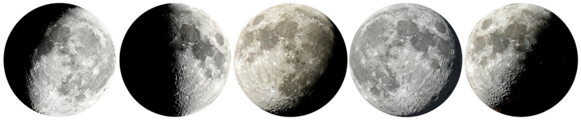 A captivating collection of five distinct phases of the moon, showcasing its lunar cycle. © LifePNG