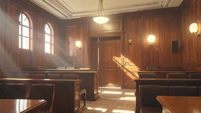 An empty courtroom with wooden paneling and natural light streaming in