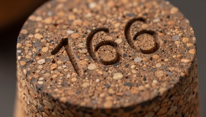 Close up of a circular concrete object with the number 166 deeply carved into its textured surface