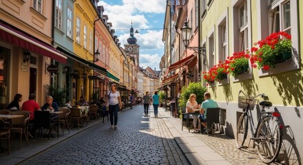 Obraz premium A vibrant street scene with colorful buildings, people, and bicycles, set against a clear blue sky with white clouds.