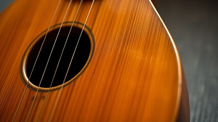 Obraz premium pearshaped. Close-up of an oud's pear-shaped body with detailed wood grain reflection. event programs, museum guides, designed for cultural heritage projects and event programs, preserves heritage.