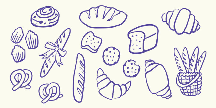 Hand Drawn Bakery Bread Pastry Doodle Food Set