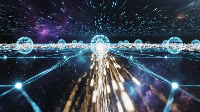 Abstract visualization of cloud server network with luminous nodes and interconnecting fiber-like threads