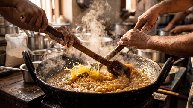 Kada Prasad Cooking With Sizzling Ghee in Traditional Sikh Kitchen