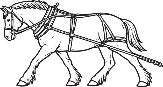 Draft Horse Pulling Harness Side Pose Black and White Line Art Illustration