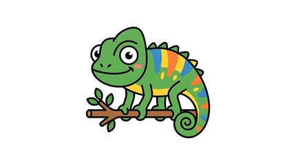 Obraz premium Colorful Cartoon Chameleon on Branch Illustration.
