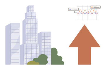 Obraz premium Economic growth, business strategy, data analysis, urban development, corporate success, market trends. City skyscrapers, upward arrow graph chart. Economic growth and business strategy concept