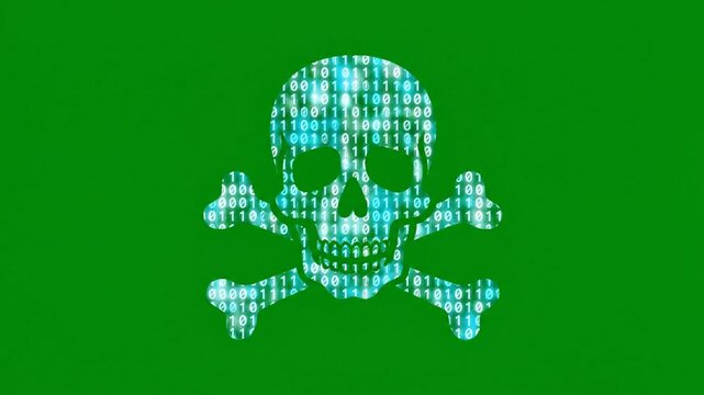 Cyber Security Binary Code Skull and Crossbones on Green Screen