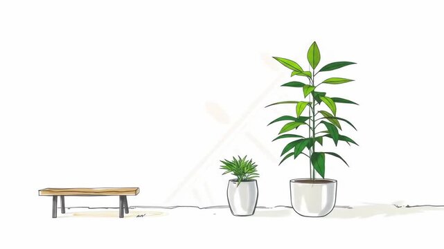 Minimalist illustration of potted plants and a bench on a white background