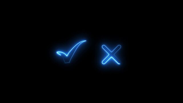 A glowing neon blue check mark and a neon blue cross symbol are displayed side-by-side on a black background, representing a clear choice between correct and incorrect options. Keywords: check