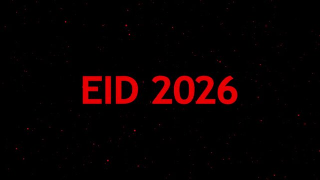 The text EID 2026 in bold red capital letters against a dark black background with scattered small red particles resembling dust or embers