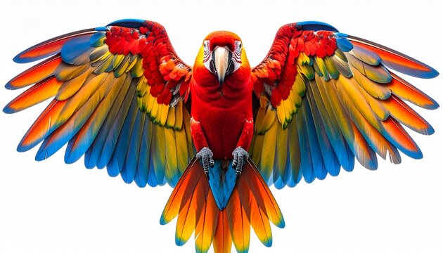 A breathtaking display of nature's artistry, this vibrant macaw spreads its magnificent wings, showcasing a stunning spectrum of tropical colors against a pure white background