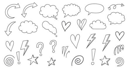 Obraz premium Hand-drawn doodle set of arrows, speech bubbles, hearts, lightning bolts, question marks, exclamation points, stars, and spirals.