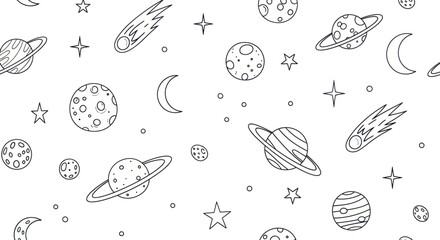 Hand-drawn doodle style seamless pattern of celestial bodies in outer space. © Ndog