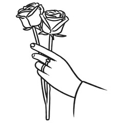 Hand Holding Two Roses Charcoal Line Art Illustration