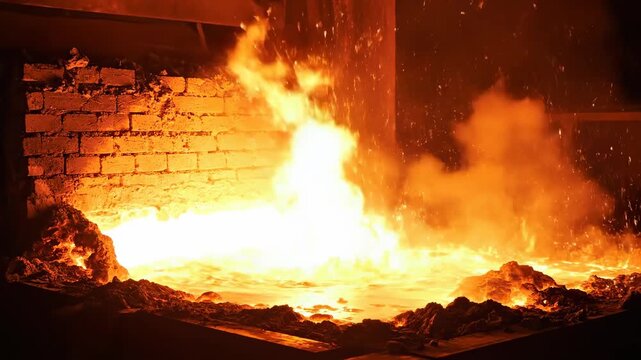 Molten metal pouring into furnace with intense flames and sparks.
