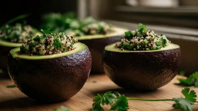 Delicious and Healthy Quinoa Stuffed Avocados with Fresh Green Herbs on Wooden Surface.