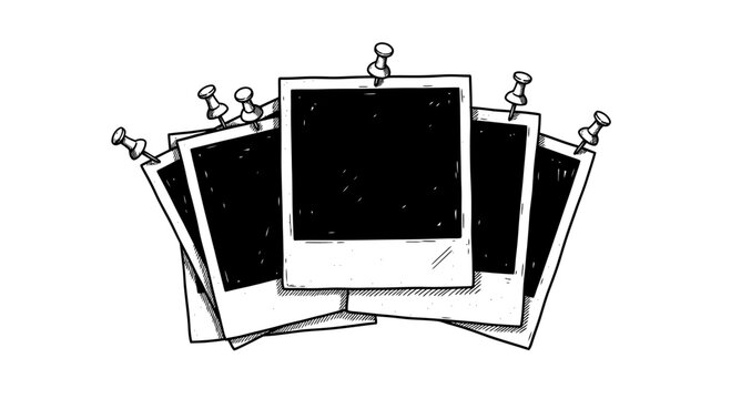 Hand-drawn sketch of multiple instant photo frames pinned to a surface.
