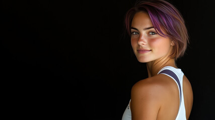 Fototapeta premium Purple hair sport woman athlete wearing white sportswear smiling isolated on black background