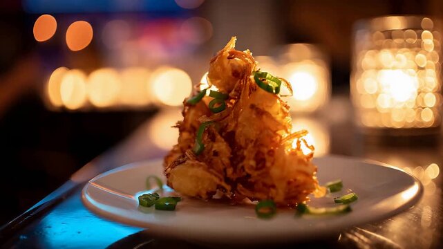 Appetizing Golden Fried Food Dish Garnished with Fresh Chives in a Dimly Lit Restaurant.