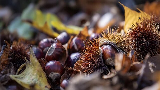Close up of vibrant autumn chestnuts with spiky husks and fallen leaves on the ground.