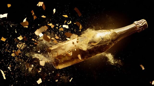Golden Champagne Bottle Explosion with Sparkling Confetti and Dust Against a Black Background.