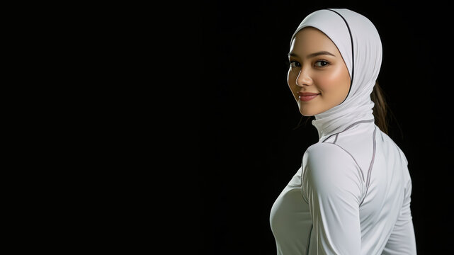 Malay sport woman athlete wearing white sportswear smiling isolated on black background
