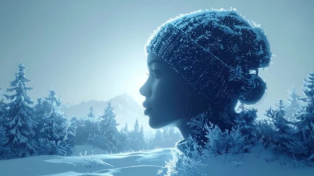 A woman in a snowy forest, gazing at a winter landscape