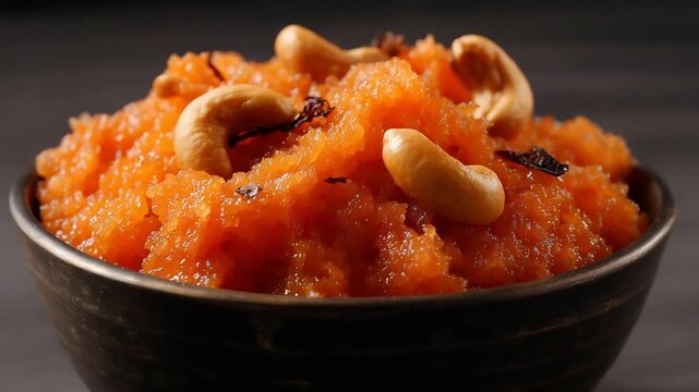 Vibrant Orange Sooji Halwa Sweet Dish with Cashew Nuts in Rustic Bowl.