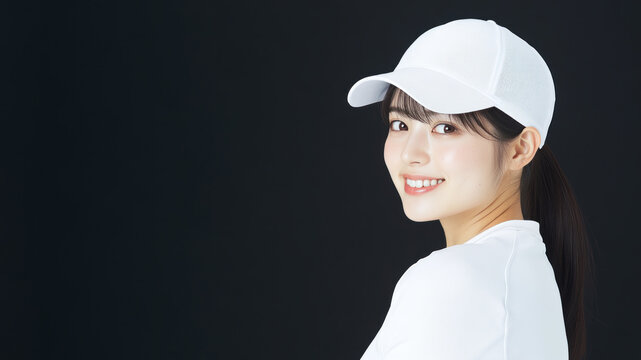 Japanese sport woman athlete wearing white sportswear smiling isolated on black background