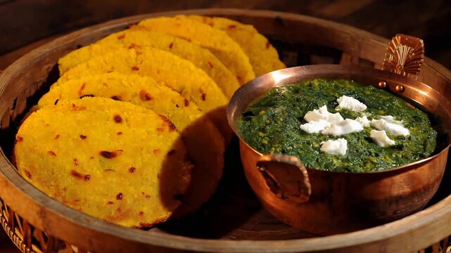 Authentic Indian Thali Golden Corn Flatbreads Served with Rich Green Spinach and Paneer Curry.