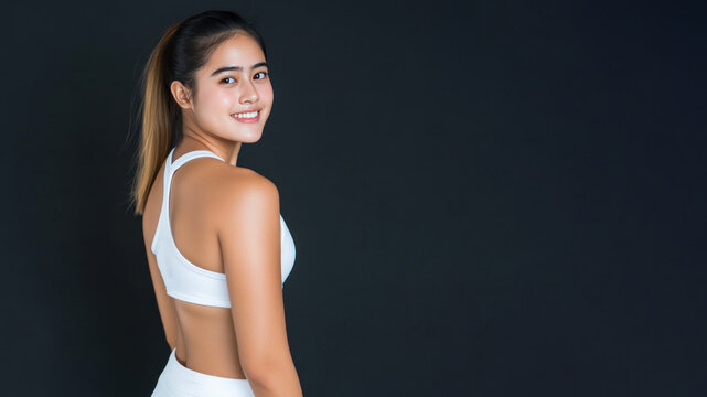 Indonesian sport woman athlete wearing white sportswear smiling isolated on black background