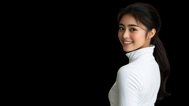 Chinese sport woman athlete wearing white sportswear smiling isolated on black background