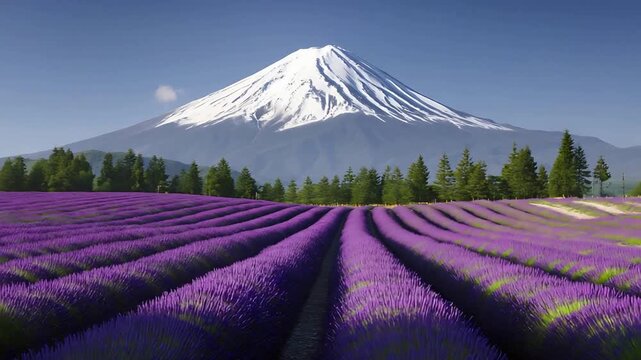 Iconic Mount Fuji majestically overlooks vibrant purple lavender fields under a clear blue sky.