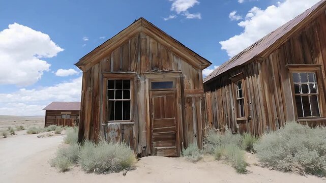 Historic weathered wooden shacks standing desolate in an arid ghost town landscape.