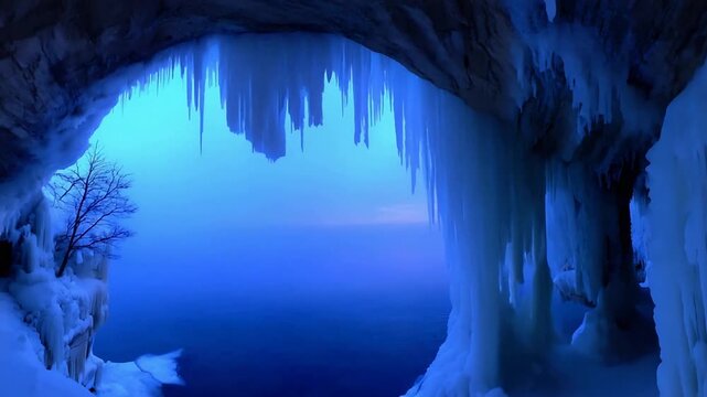 Mesmerizing Winter Ice Cave Adorned with Sparkling Icicles Overlooking a Serene Blue Sea.