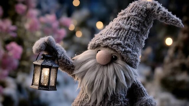 Charming Grey Yarn Gnome with a Bright Lantern Amidst Snowy Festive Lights
