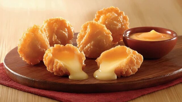 Irresistible golden fried cheese bites oozing creamy melted goodness served with savory dipping sauce.