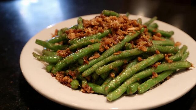 Close Up of Vibrant Green Beans Topped with Crispy Fried Garlic on a White Plate.