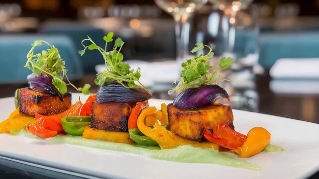 Exquisite Gourmet Paneer Dish with Roasted Vegetables and Fresh Microgreens in Restaurant Setting.
