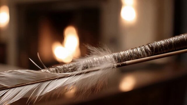 Close up view of a handcrafted arrow with feather fletching and warm fireplace glow.