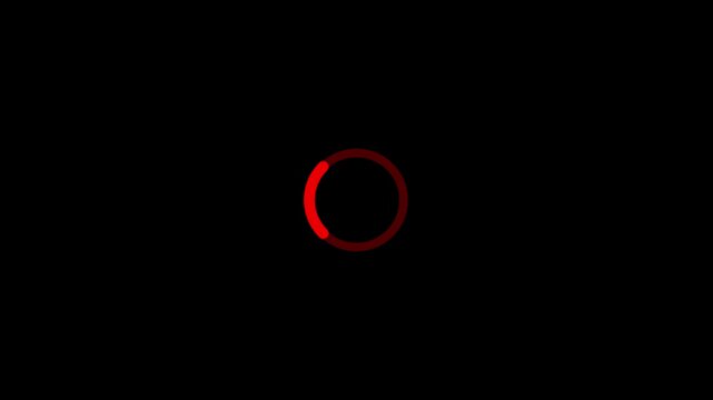 A circular loading spinner with a dark red ring and a bright red segment indicating progress against a solid black background