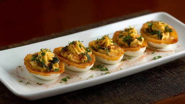 Gourmet Fried Deviled Eggs Appetizers Beautifully Arranged on a White Platter.