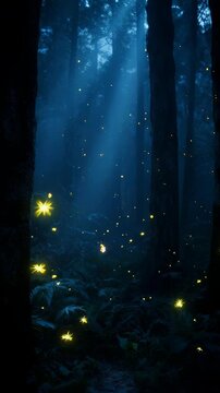 The Firefly Hollow. Mystical Tropical Forest with Soft Fog & Light Rays. Magical Night. dozens of tiny floating bio-luminescent lights (fireflies) dancing between dark tree trunks

