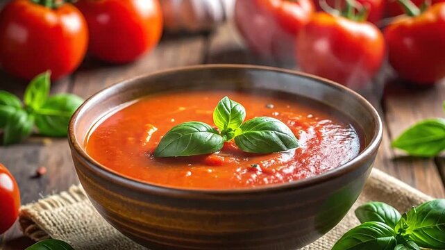 A steaming bowl of tomato soup garnished with fresh basil leaves