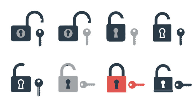 A collection of colorful padlocks and keys depicted in a flat style on transparent background silhouette high quality professional