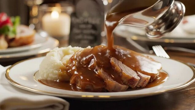 Roast turkey with gravy served over mashed potatoes at dinner table  